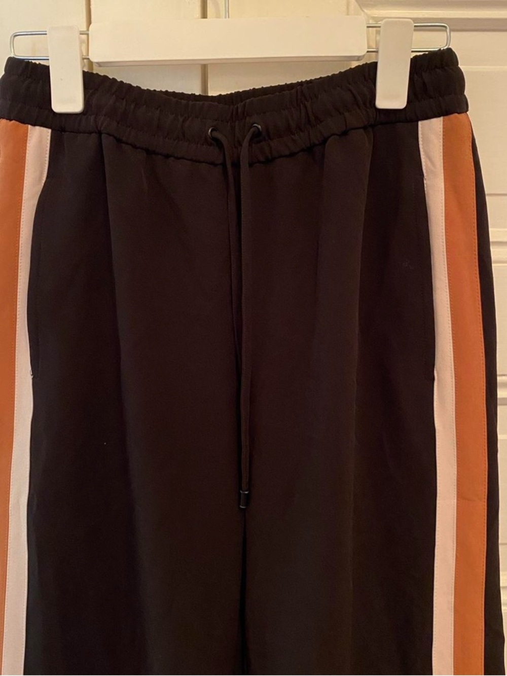 Women’s Black Wide Leg Pants with Tan and Cream Side Stripes - Picture 2 of 4